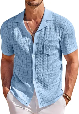 COOFANDY Men's Knit Button Down Shirt Short Sleeve Vintage Polo Shirts Summer Casual Beach Tops