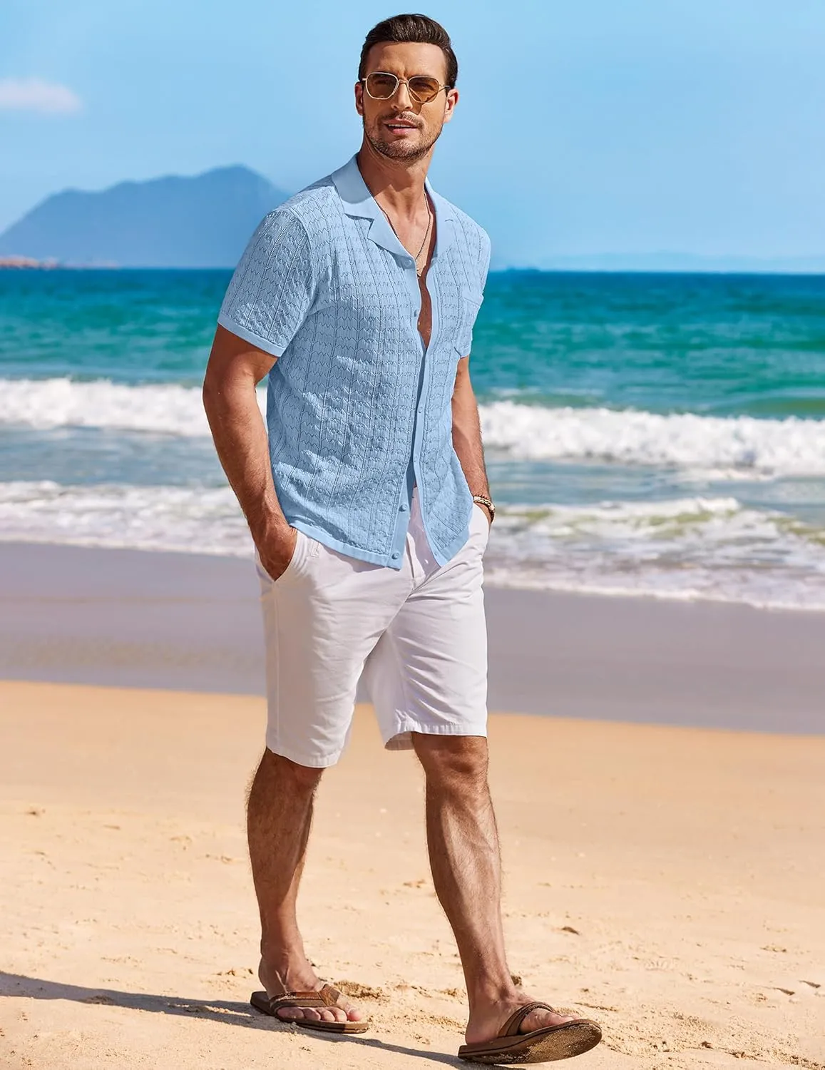 COOFANDY Men's Knit Button Down Shirt Short Sleeve Vintage Polo Shirts Summer Casual Beach Tops