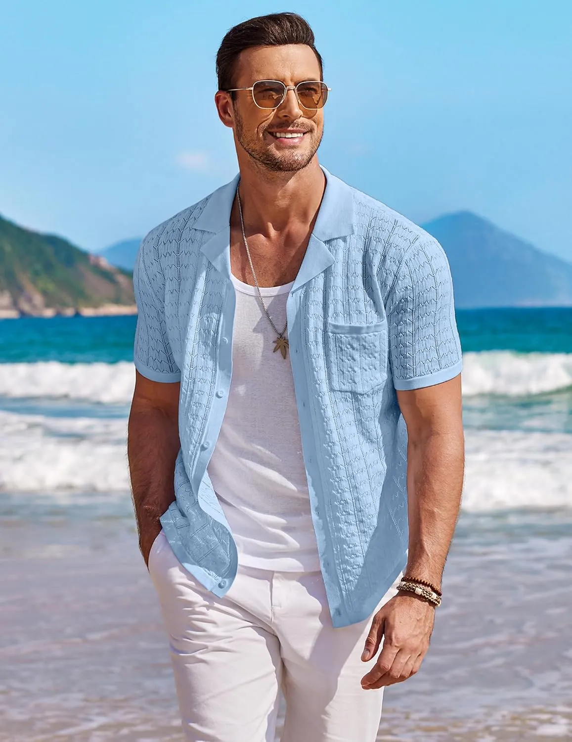 COOFANDY Men's Knit Button Down Shirt Short Sleeve Vintage Polo Shirts Summer Casual Beach Tops