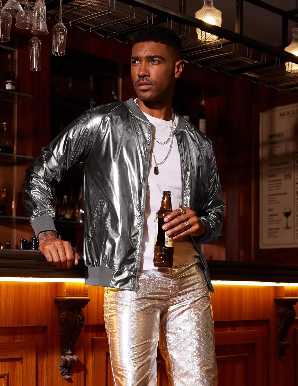 COOFANDY Men's Metallic Jacket 70s Disco Party Varsity Jacket Zip-up Baseball Bomber