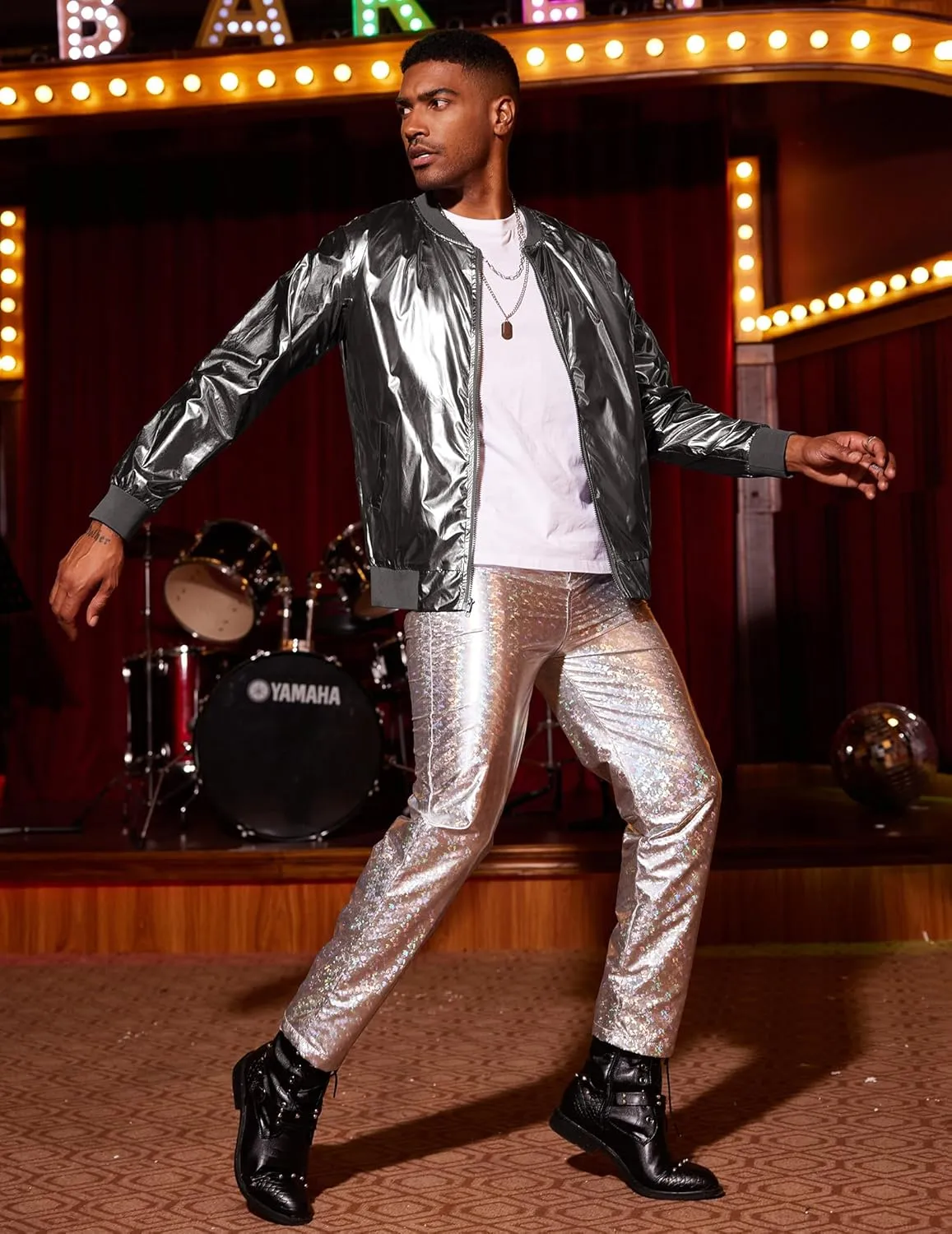 COOFANDY Men's Metallic Jacket 70s Disco Party Varsity Jacket Zip-up Baseball Bomber