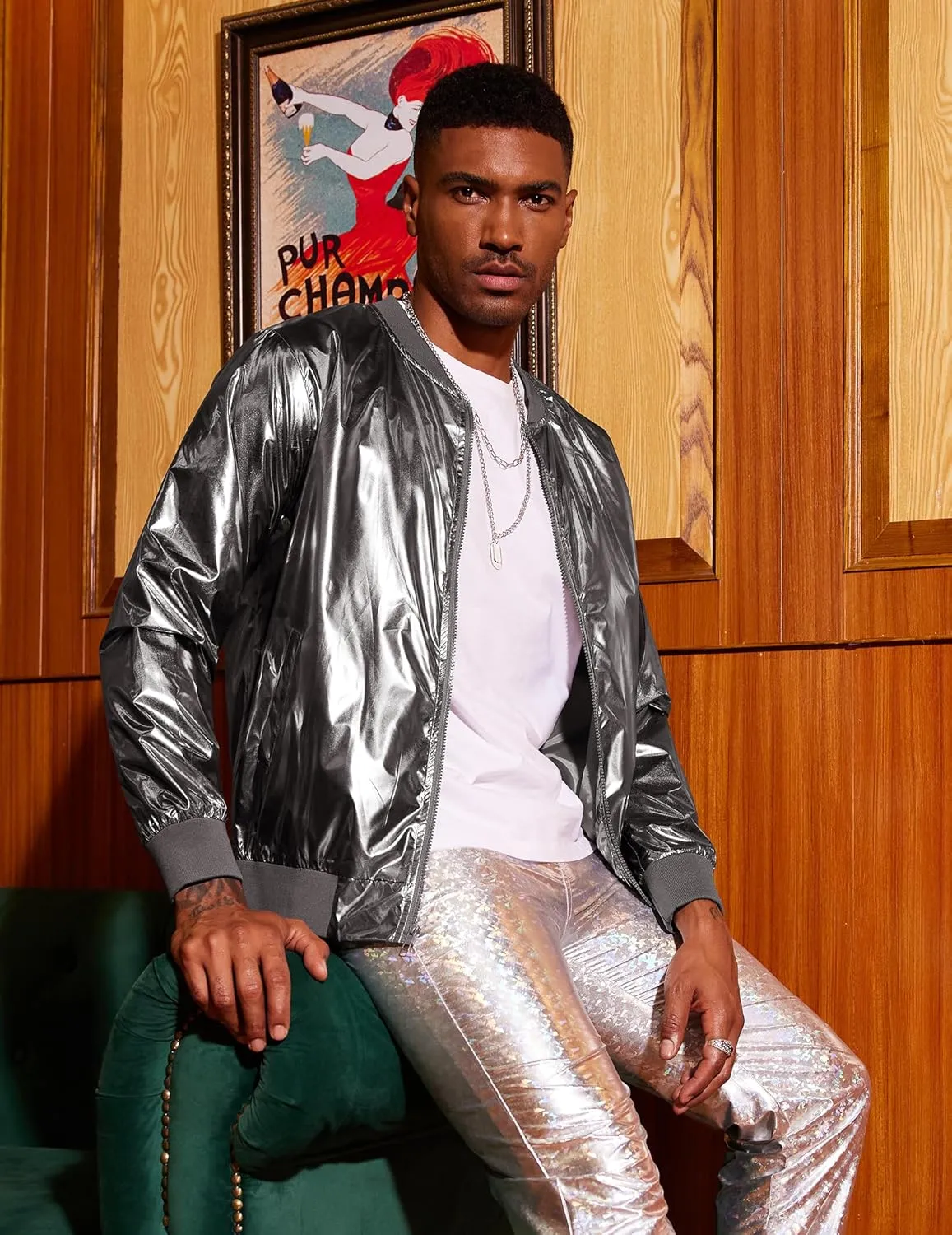 COOFANDY Men's Metallic Jacket 70s Disco Party Varsity Jacket Zip-up Baseball Bomber