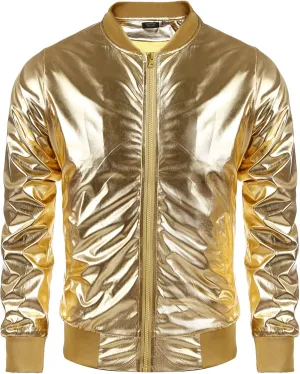 COOFANDY Men's Metallic Jacket 70s Disco Party Varsity Jacket Zip-up Baseball Bomber