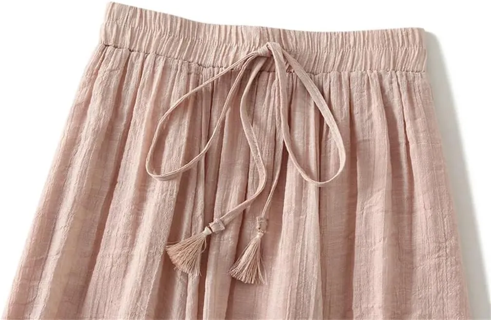 Cotton Linen Double Layered Midi Skirt for Women High Waisted Solid Color Lace Up Long Skirts
