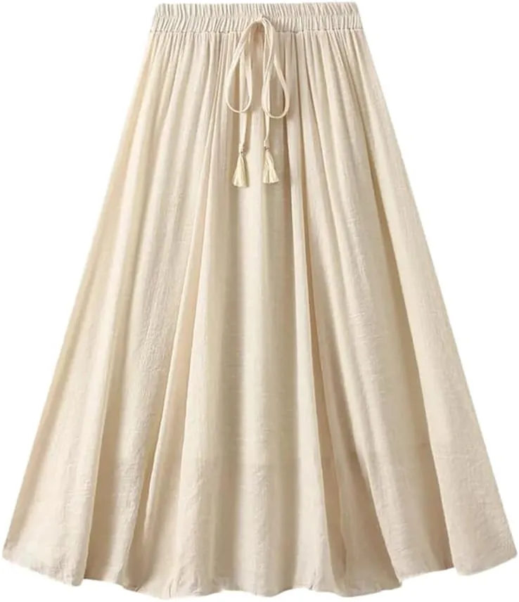 Cotton Linen Double Layered Midi Skirt for Women High Waisted Solid Color Lace Up Long Skirts