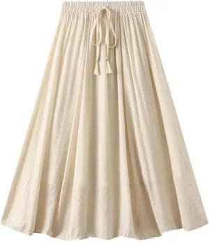 Cotton Linen Double Layered Midi Skirt for Women High Waisted Solid Color Lace Up Long Skirts