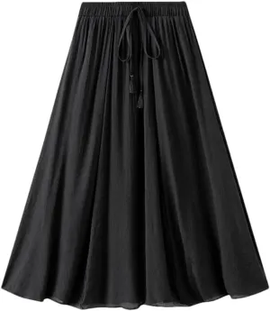Cotton Linen Double Layered Midi Skirt for Women High Waisted Solid Color Lace Up Long Skirts