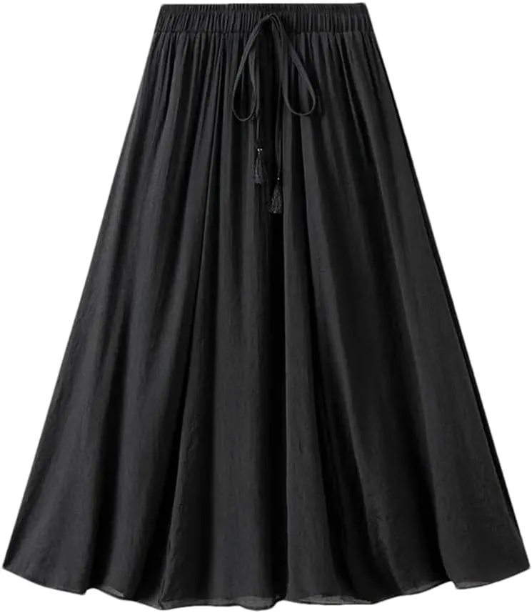 Cotton Linen Double Layered Midi Skirt for Women High Waisted Solid Color Lace Up Long Skirts
