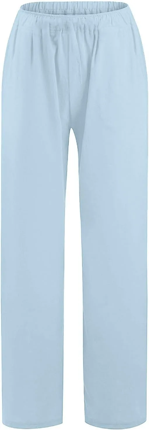 Cotton Linen Pants for Women 2025 Baggy Boho Casual Palazzo Pants Elastic Waist Wide Leg Lounge Trousers with 2 Pockets