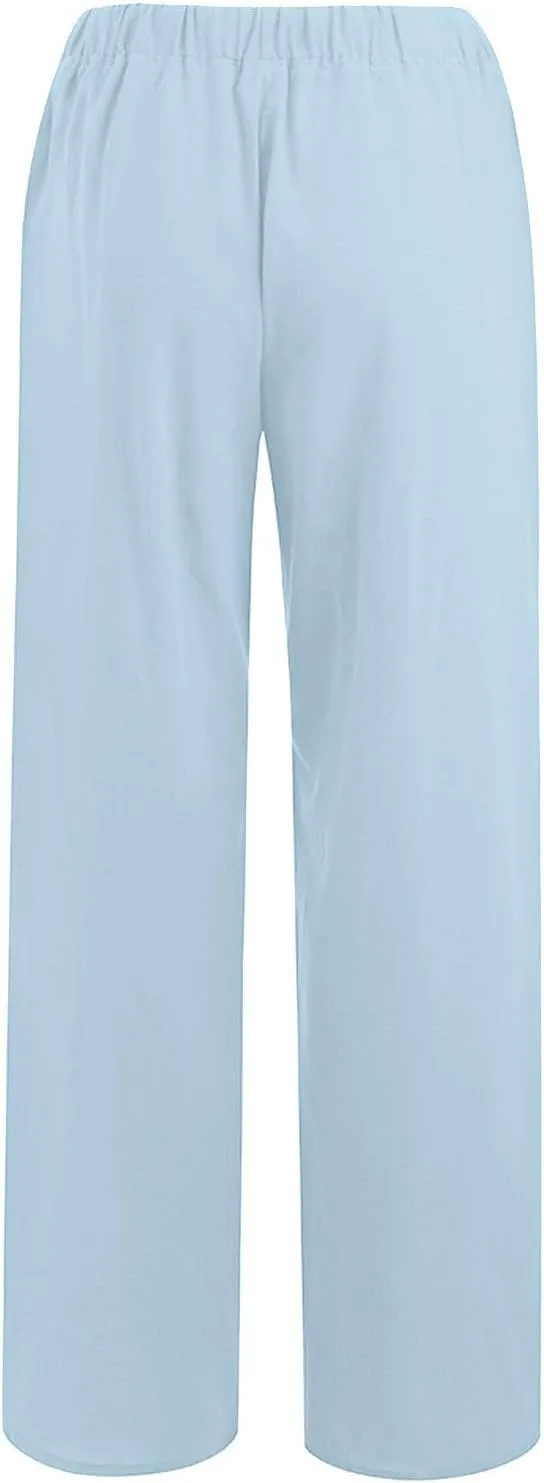 Cotton Linen Pants for Women 2025 Baggy Boho Casual Palazzo Pants Elastic Waist Wide Leg Lounge Trousers with 2 Pockets