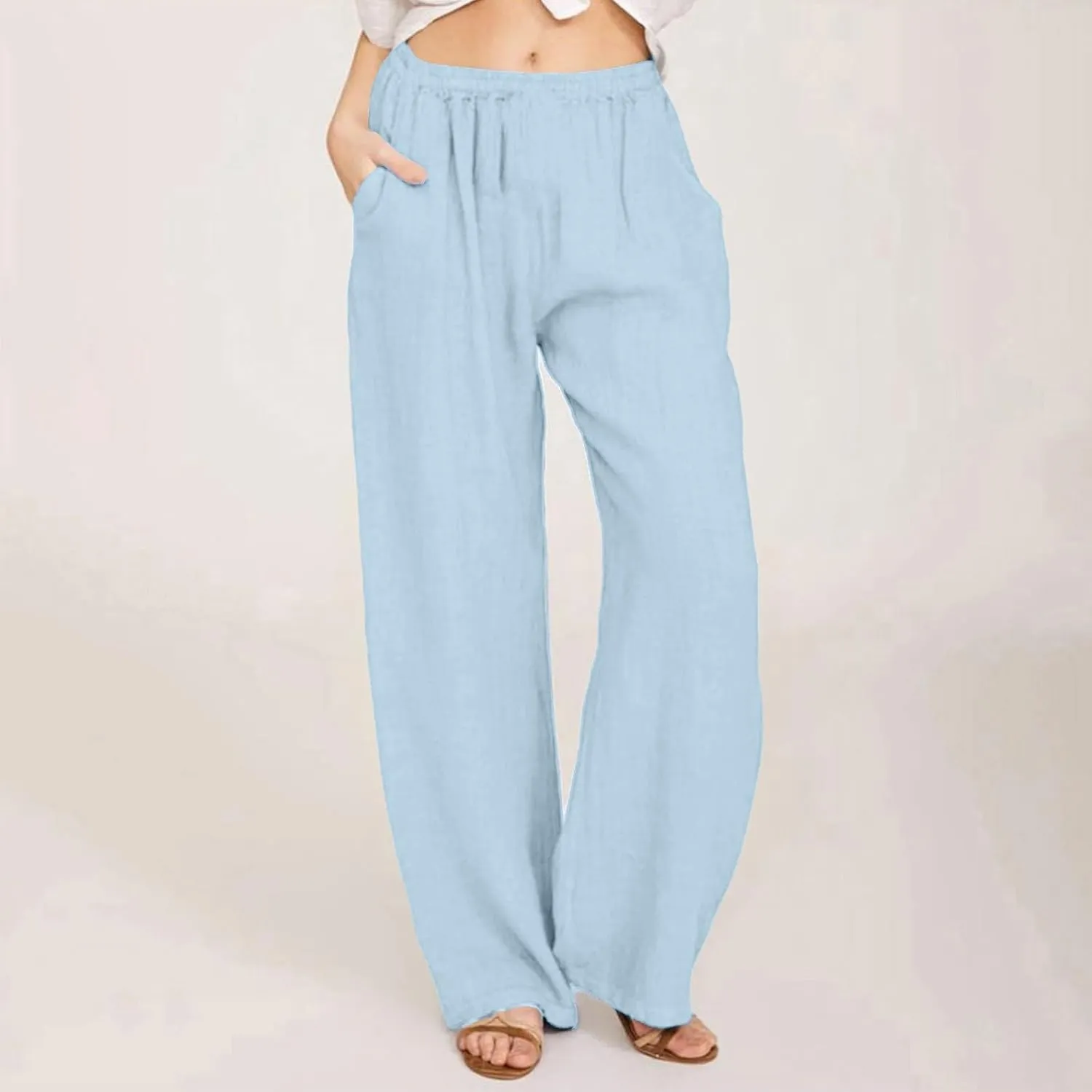 Cotton Linen Pants for Women 2025 Baggy Boho Casual Palazzo Pants Elastic Waist Wide Leg Lounge Trousers with 2 Pockets