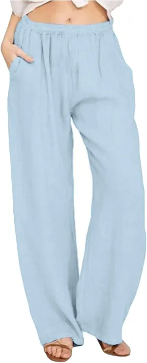 Cotton Linen Pants for Women 2025 Baggy Boho Casual Palazzo Pants Elastic Waist Wide Leg Lounge Trousers with 2 Pockets