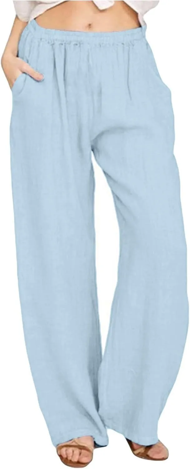 Cotton Linen Pants for Women 2025 Baggy Boho Casual Palazzo Pants Elastic Waist Wide Leg Lounge Trousers with 2 Pockets