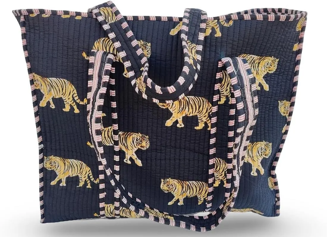 Cotton Tiger Block Print Tote Bag, Indian Handmade Shopping Shoulder Bag, Unisex Market Daily Use