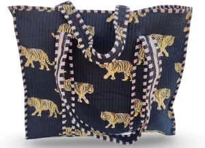 Cotton Tiger Block Print Tote Bag, Indian Handmade Shopping Shoulder Bag, Unisex Market Daily Use