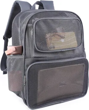 COVAX Large Mesh Backpack, Semi-transparent College Backpack, See Through Mesh Bookbag with Bungee and Comfort Padded Straps for Travel, Swimming, Beach, Outdoor Sports (Grey)