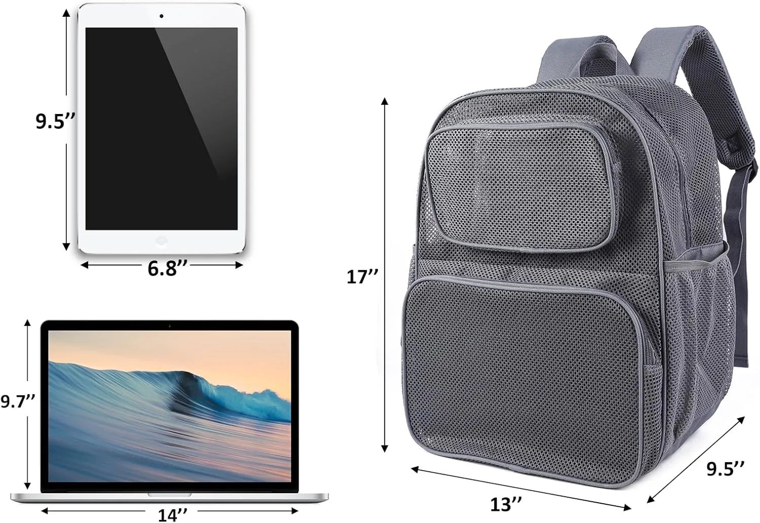 COVAX Large Mesh Backpack, Semi-transparent College Backpack, See Through Mesh Bookbag with Bungee and Comfort Padded Straps for Travel, Swimming, Beach, Outdoor Sports (Grey)