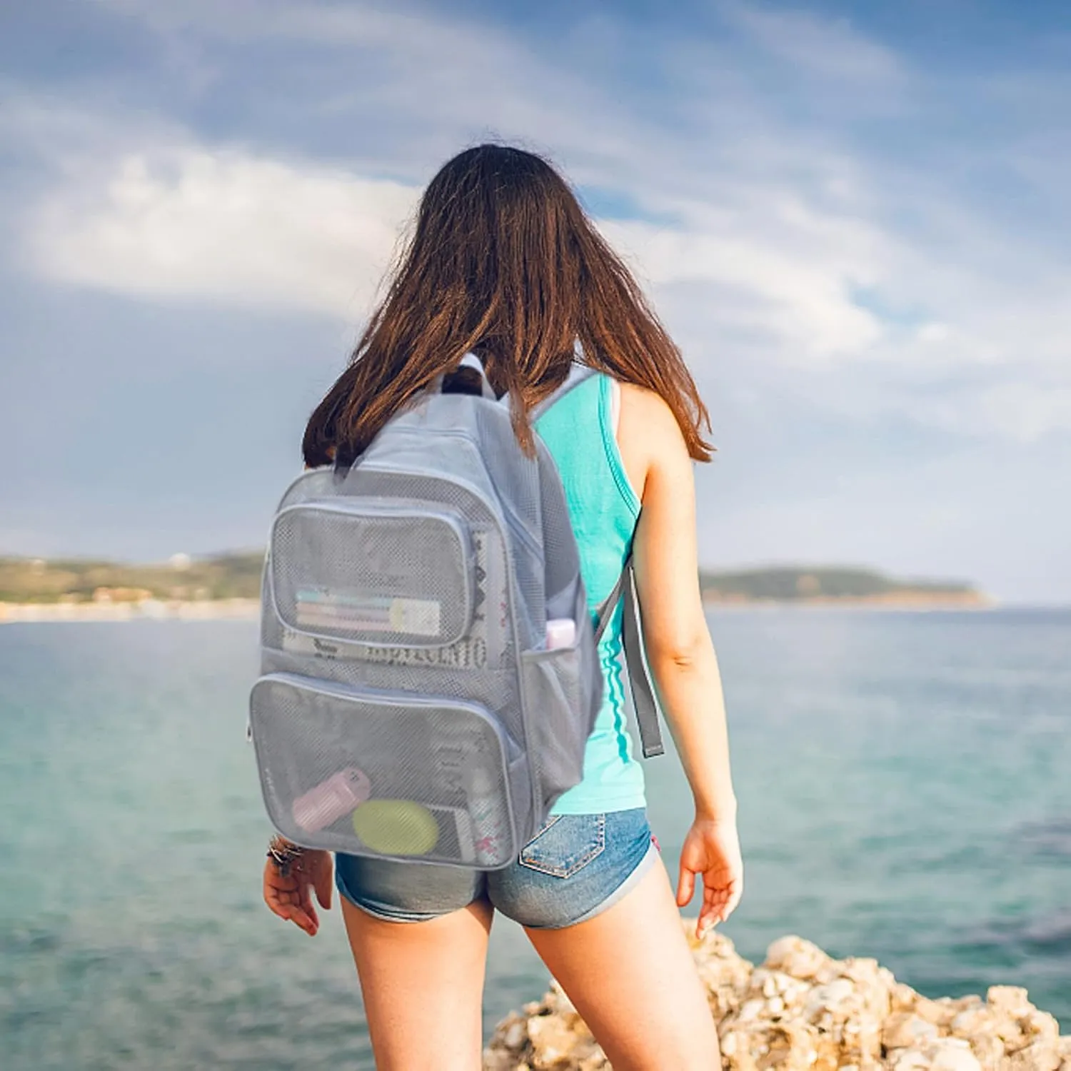 COVAX Large Mesh Backpack, Semi-transparent College Backpack, See Through Mesh Bookbag with Bungee and Comfort Padded Straps for Travel, Swimming, Beach, Outdoor Sports (Grey)