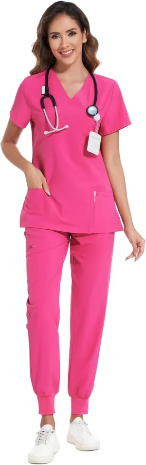 COZYFIT Scrubs for Women Set - Stretch V-Neck Scrub Top & Jogger Pant with 8 Pockets