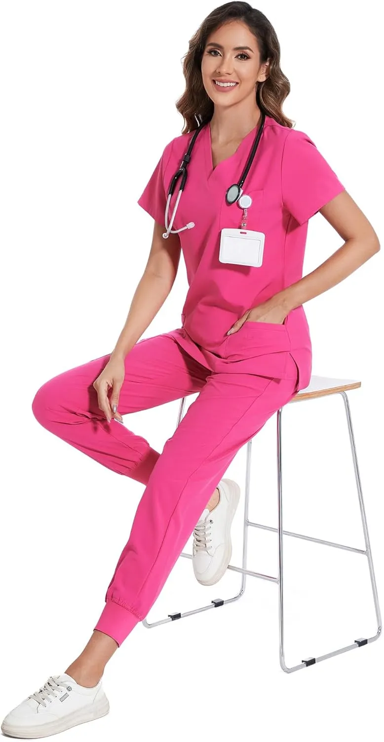 COZYFIT Scrubs for Women Set - Stretch V-Neck Scrub Top & Jogger Pant with 8 Pockets