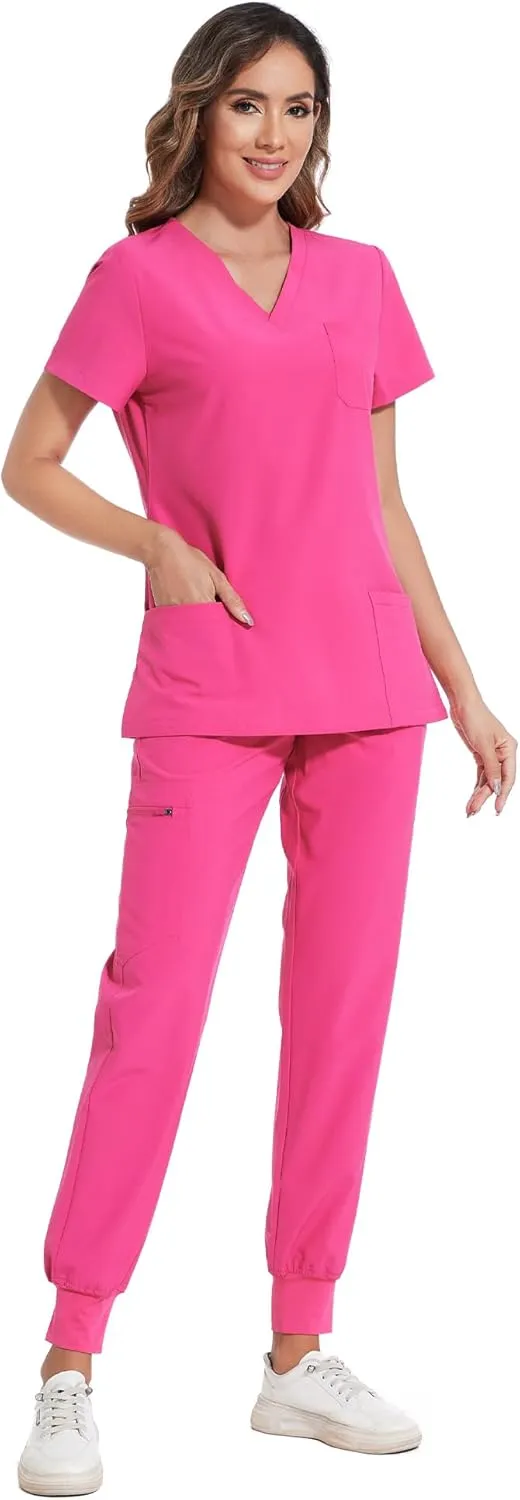 COZYFIT Scrubs for Women Set - Stretch V-Neck Scrub Top & Jogger Pant with 8 Pockets