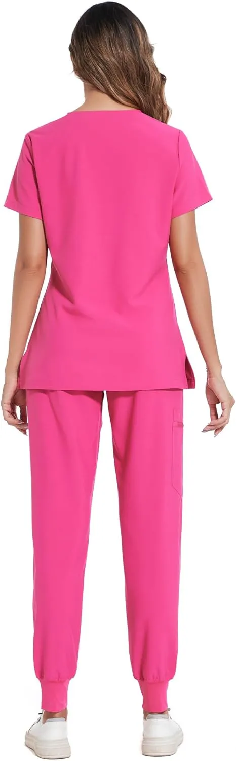 COZYFIT Scrubs for Women Set - Stretch V-Neck Scrub Top & Jogger Pant with 8 Pockets