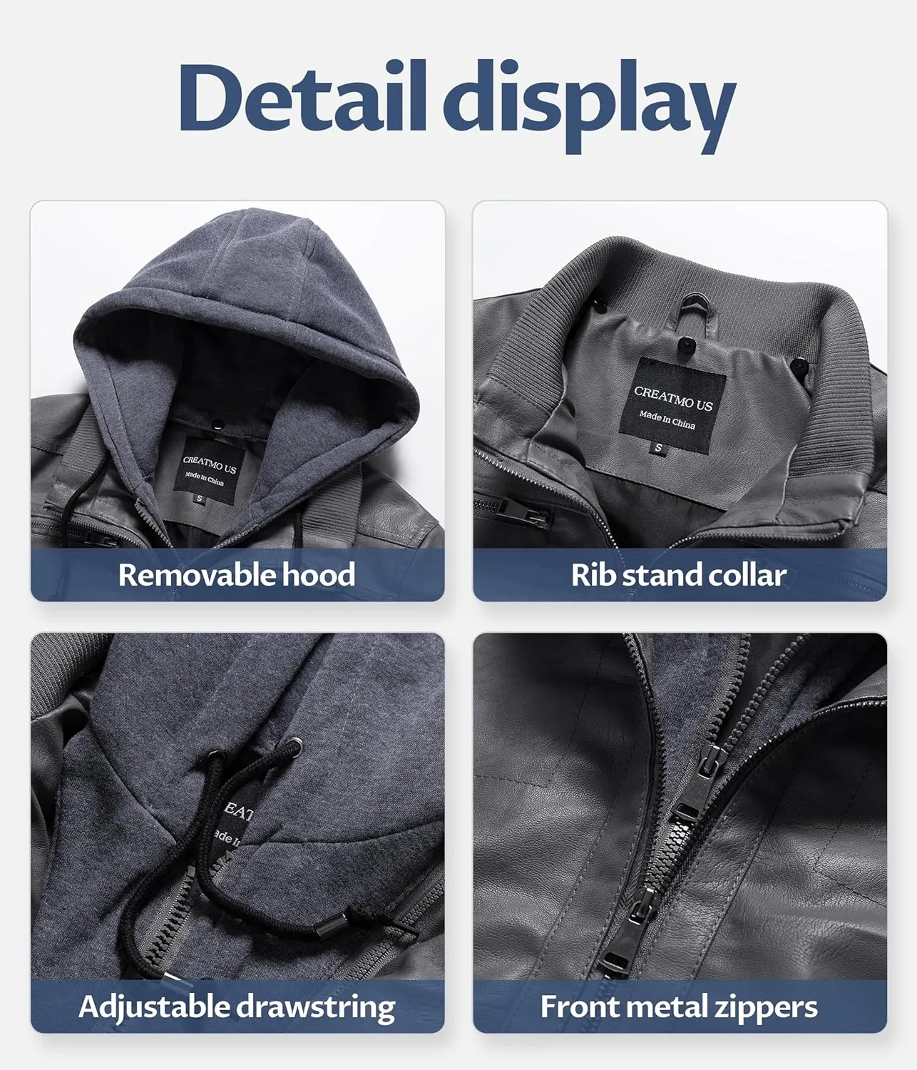 CREATMO US Women's Faux Leather Jacket Waterproof Motorcycle Bomber Jacket Vintage PU Moto Biker Coat With Removable Hood
