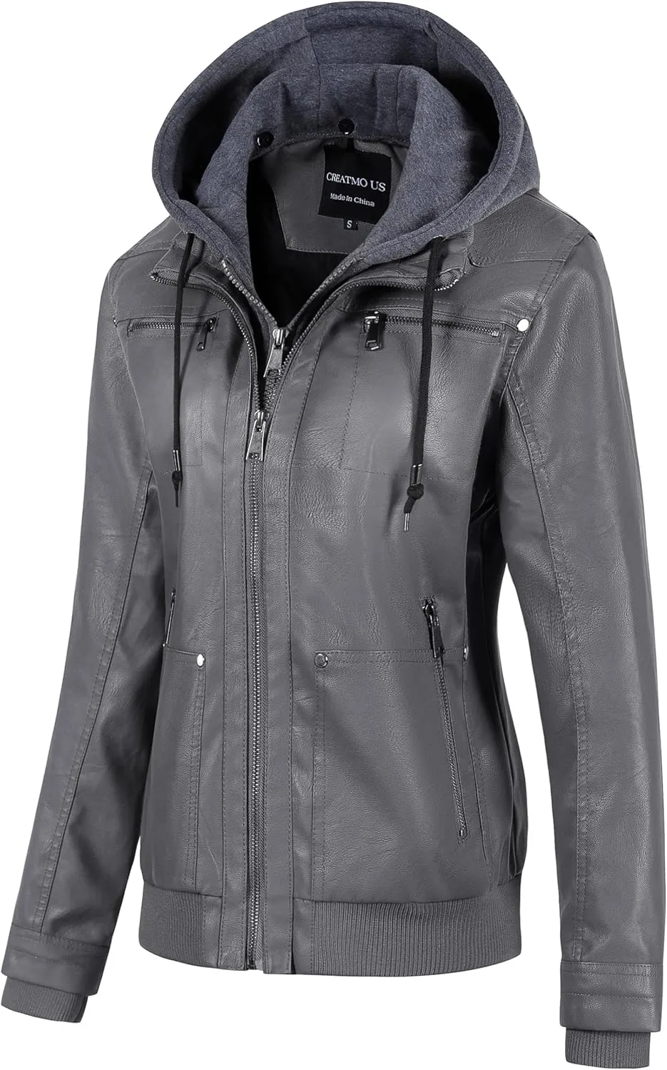 CREATMO US Women's Faux Leather Jacket Waterproof Motorcycle Bomber Jacket Vintage PU Moto Biker Coat With Removable Hood
