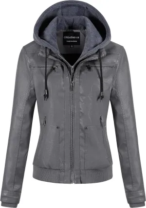 CREATMO US Women's Faux Leather Jacket Waterproof Motorcycle Bomber Jacket Vintage PU Moto Biker Coat With Removable Hood