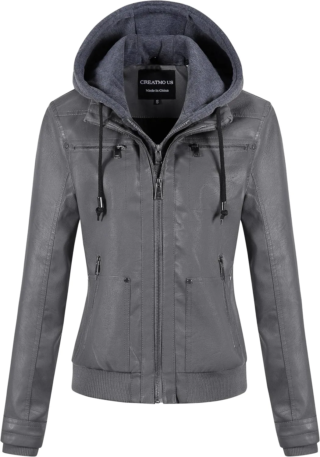 CREATMO US Women's Faux Leather Jacket Waterproof Motorcycle Bomber Jacket Vintage PU Moto Biker Coat With Removable Hood