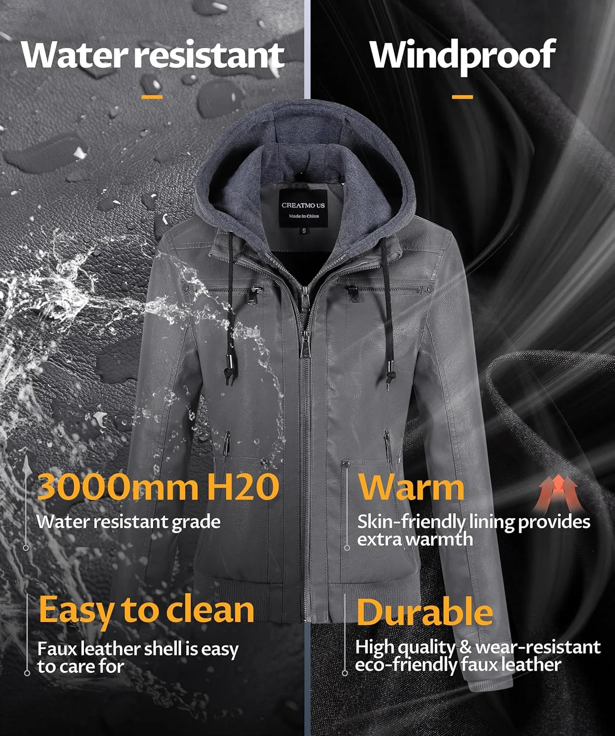 CREATMO US Women's Faux Leather Jacket Waterproof Motorcycle Bomber Jacket Vintage PU Moto Biker Coat With Removable Hood