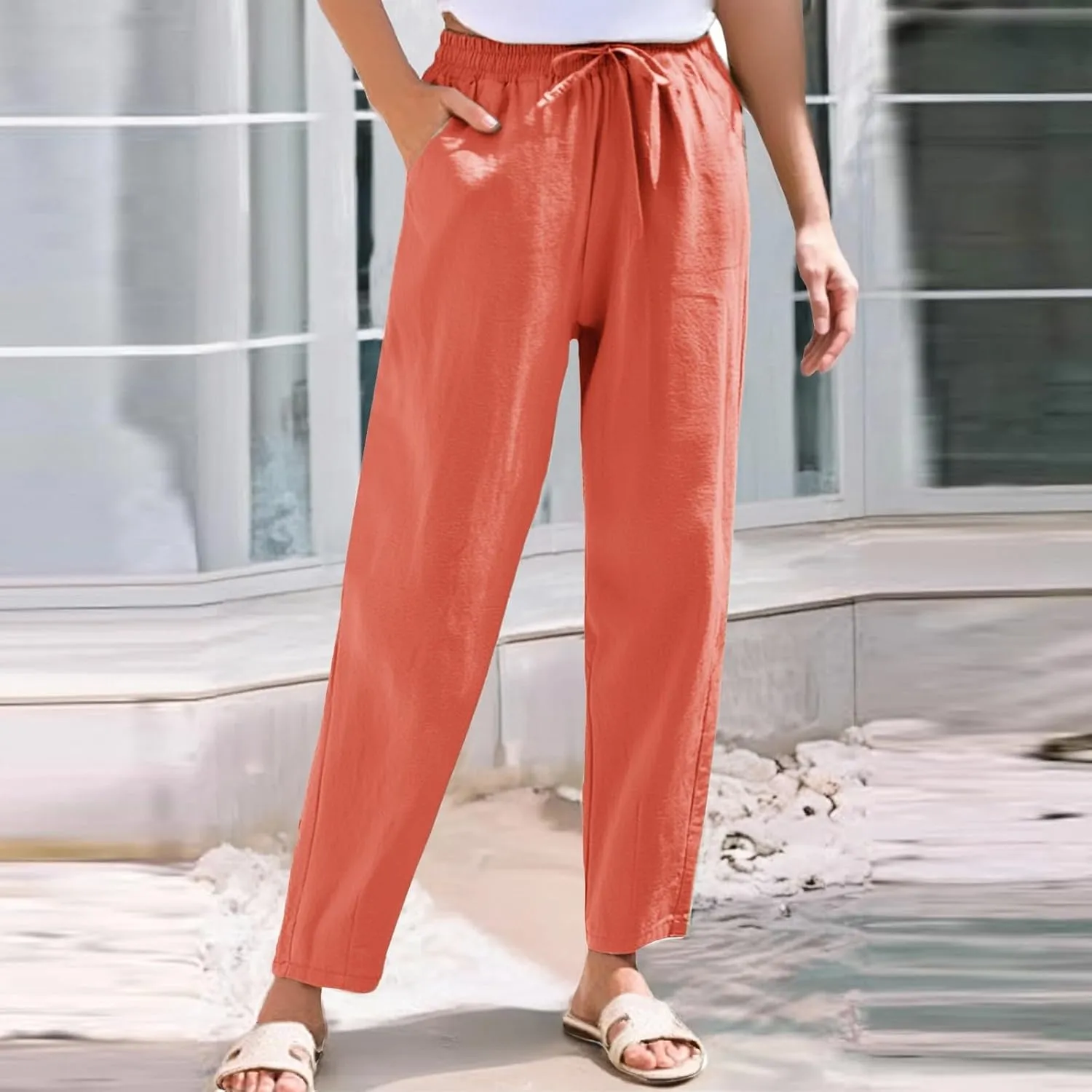 Cropped Linen Pants for Women Elastic Waist Straight Leg Cotton Linen Pants Sumemr Casual Beach Outfits with Pockets