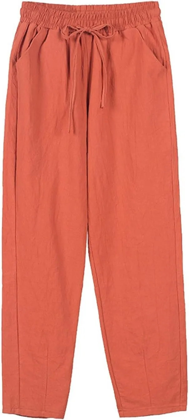 Cropped Linen Pants for Women Elastic Waist Straight Leg Cotton Linen Pants Sumemr Casual Beach Outfits with Pockets