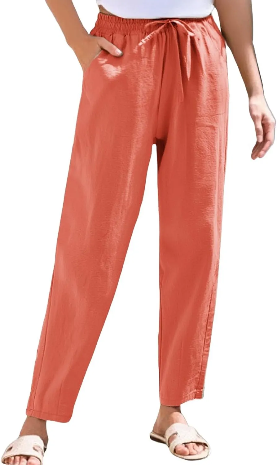 Cropped Linen Pants for Women Elastic Waist Straight Leg Cotton Linen Pants Sumemr Casual Beach Outfits with Pockets