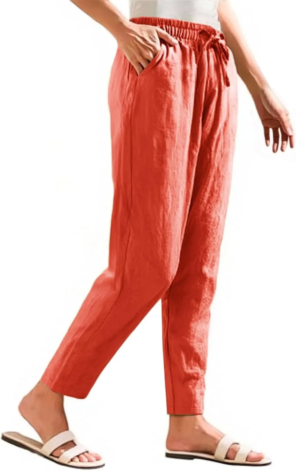 Cropped Linen Pants for Women Elastic Waist Straight Leg Cotton Linen Pants Sumemr Casual Beach Outfits with Pockets