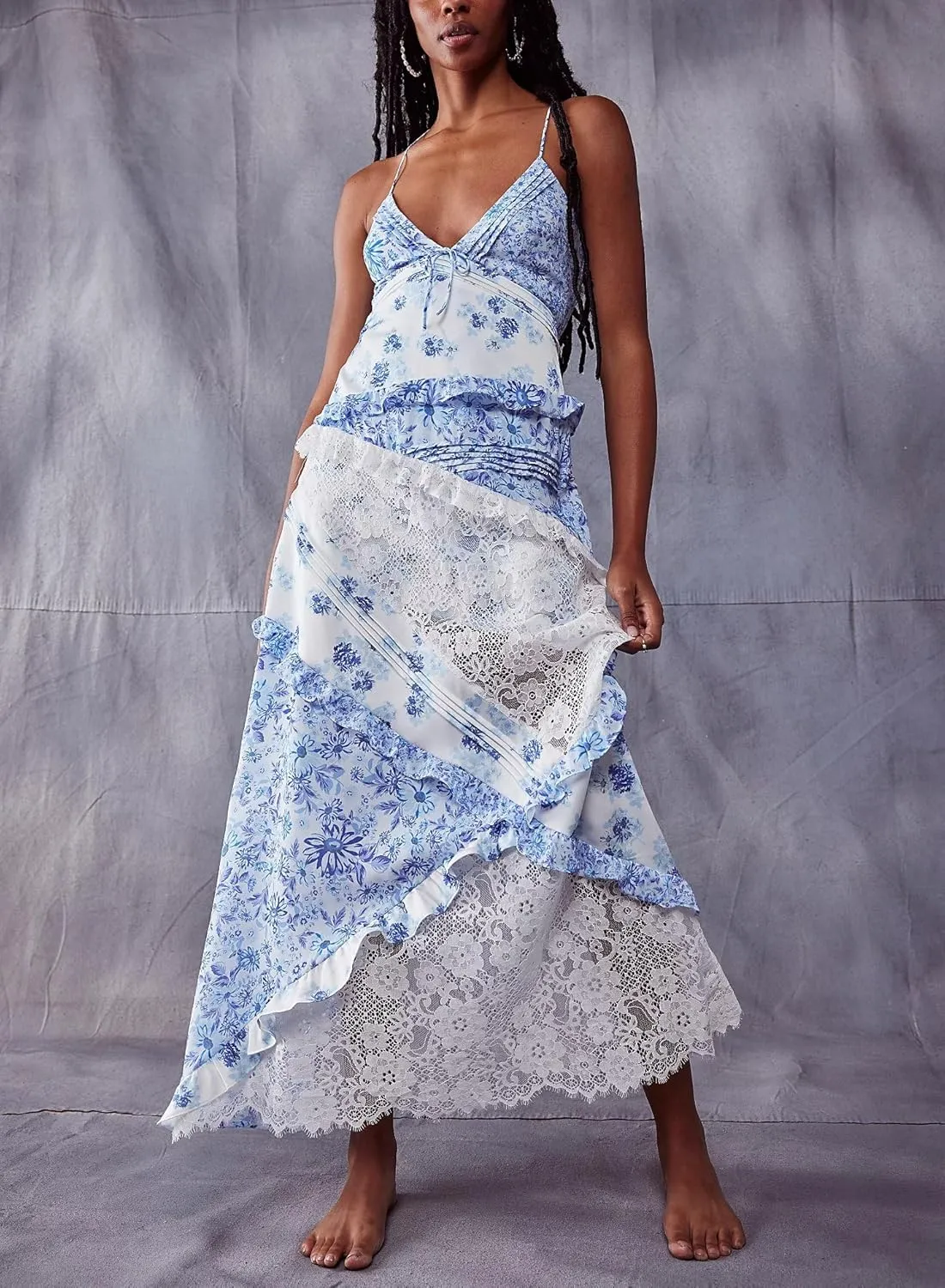 Cute Floral Long Sundresses for Women Boho Smocked Spaghetti Strap Dress Y2k Flowy Beach Ruffle Backless Maxi Dress