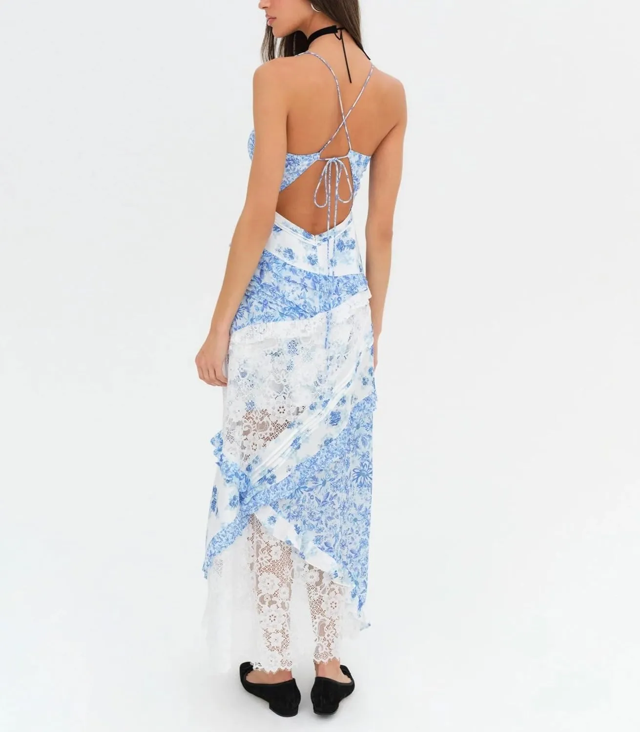 Cute Floral Long Sundresses for Women Boho Smocked Spaghetti Strap Dress Y2k Flowy Beach Ruffle Backless Maxi Dress