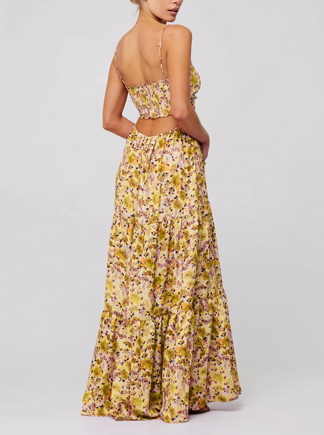 Cute Floral Long Sundresses for Women Boho Smocked Spaghetti Strap Dress Y2k Flowy Beach Ruffle Backless Maxi Dress