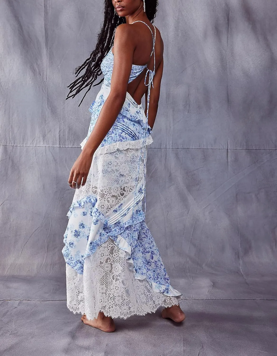 Cute Floral Long Sundresses for Women Boho Smocked Spaghetti Strap Dress Y2k Flowy Beach Ruffle Backless Maxi Dress