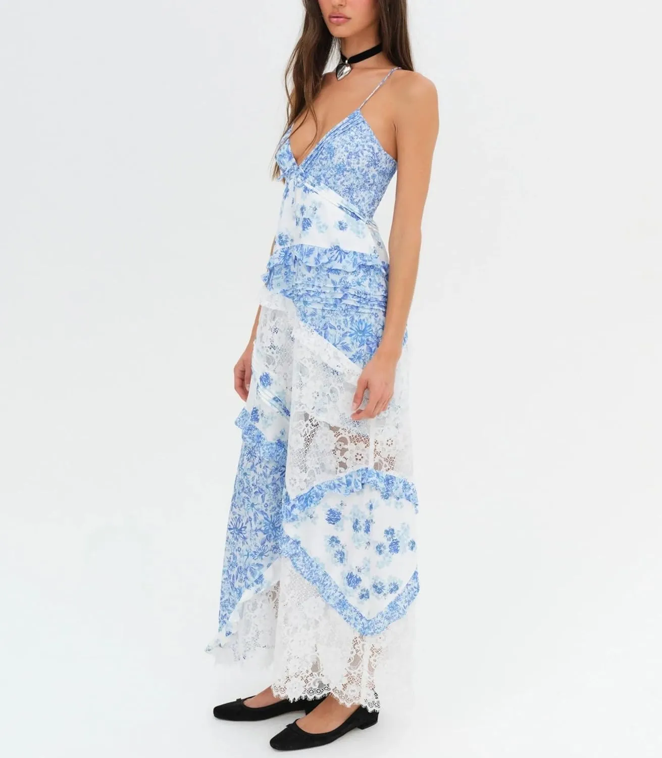 Cute Floral Long Sundresses for Women Boho Smocked Spaghetti Strap Dress Y2k Flowy Beach Ruffle Backless Maxi Dress