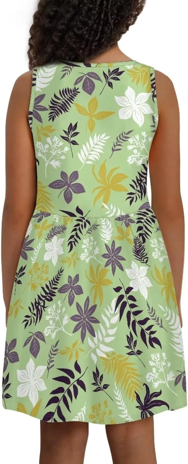 Cute Sundress with Pockets for Girls Casual Dress Knee Length Sleeveless Beach Skirts for 2-14T Teen Girls