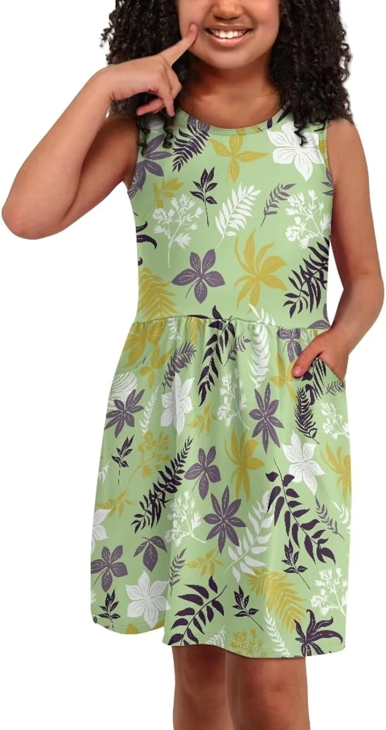 Cute Sundress with Pockets for Girls Casual Dress Knee Length Sleeveless Beach Skirts for 2-14T Teen Girls