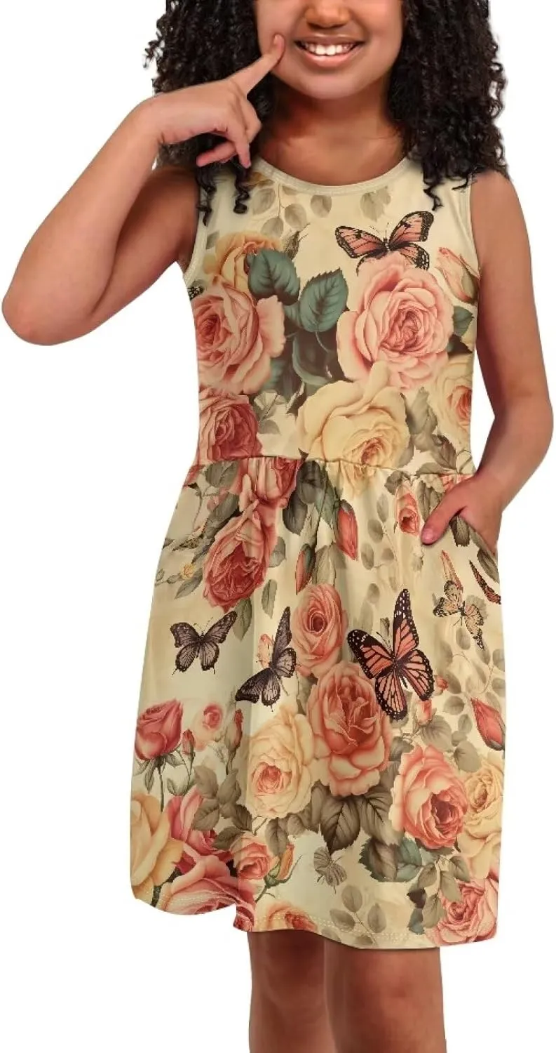 Cute Sundress with Pockets for Girls Casual Dress Knee Length Sleeveless Beach Skirts for 2-14T Teen Girls