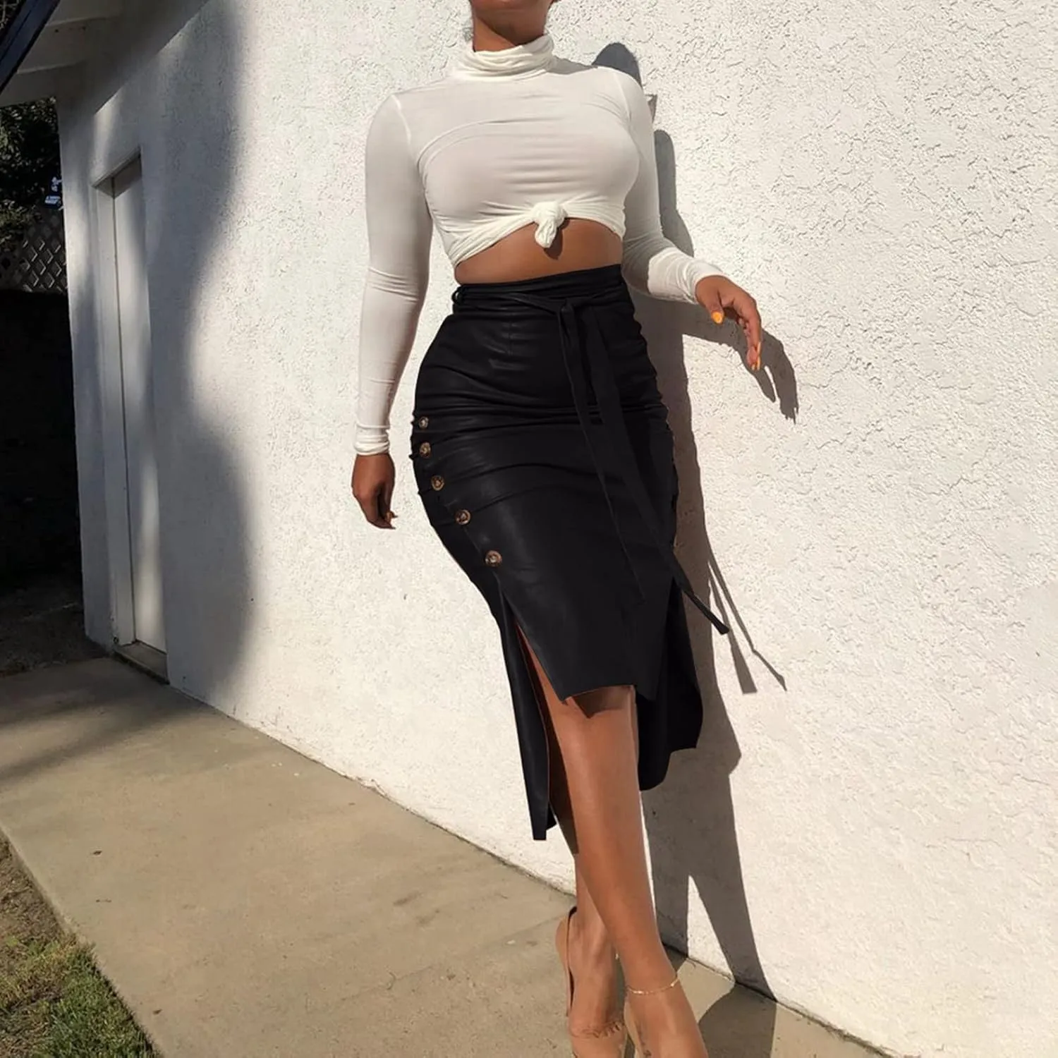 Daysskk Women's Faux Leather Pencil Skirt Asymmetrical Skirt High Waist
