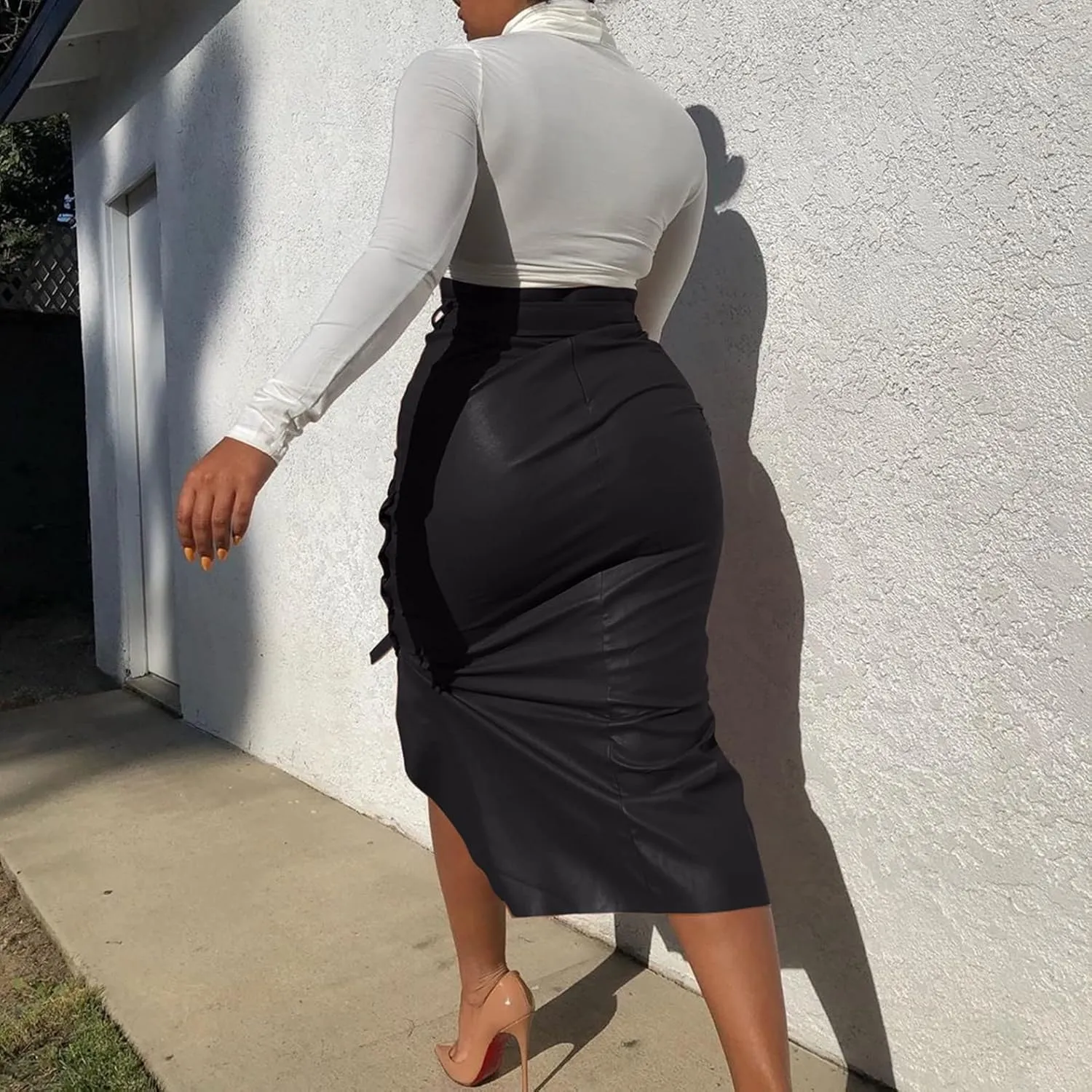 Daysskk Women's Faux Leather Pencil Skirt Asymmetrical Skirt High Waist