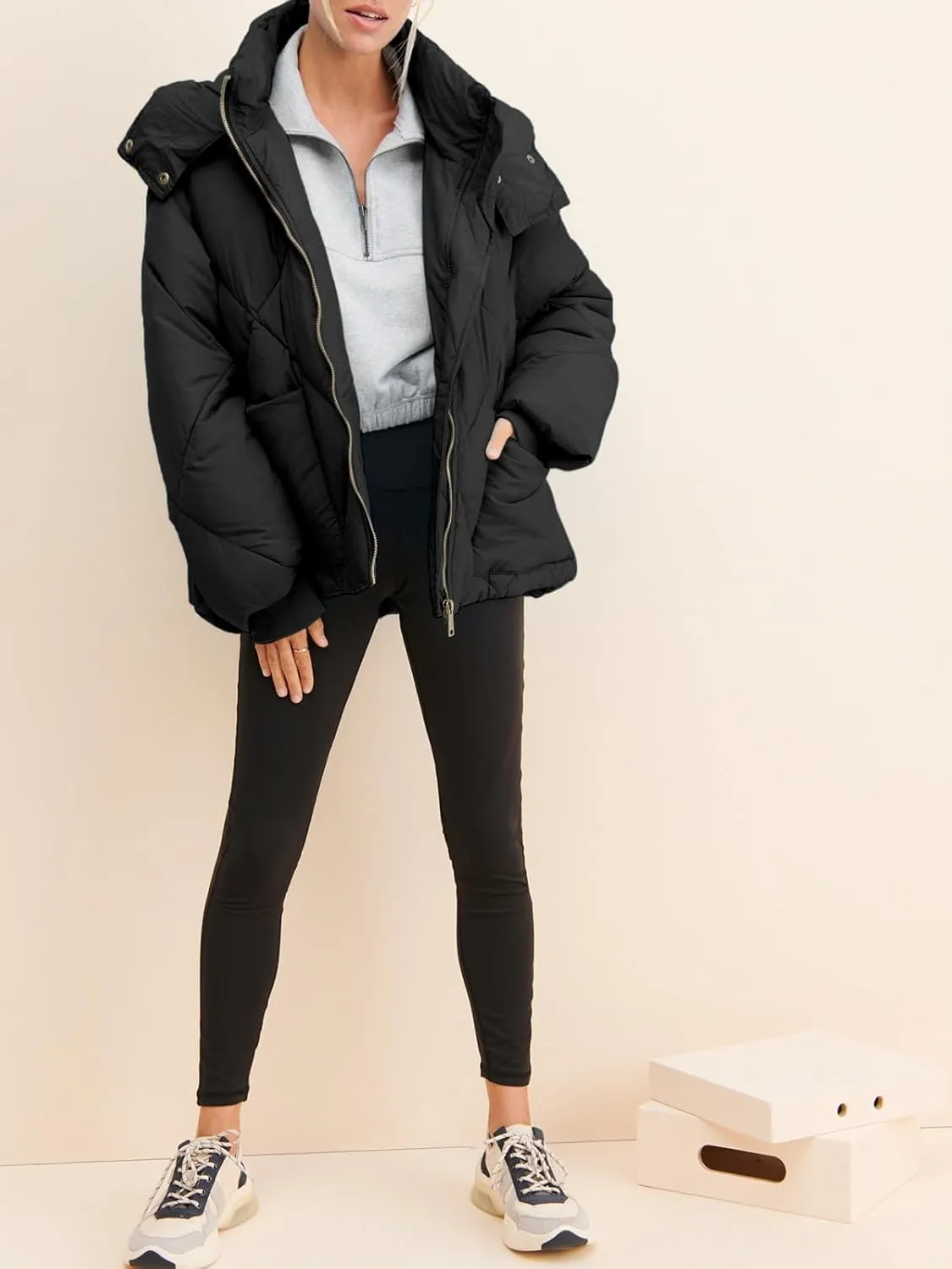 Dellytop Womens Zipper Hooded Puffer Jacket Long Sleeve Winter Warm Down Coats with Pockets