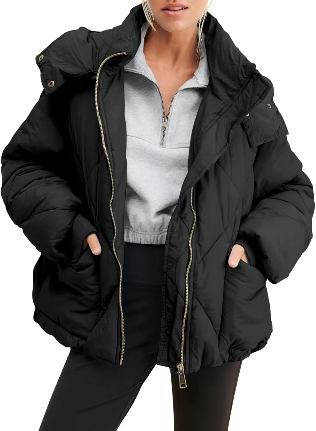 Dellytop Womens Zipper Hooded Puffer Jacket Long Sleeve Winter Warm Down Coats with Pockets