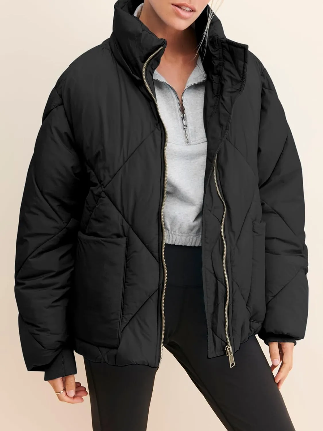 Dellytop Womens Zipper Hooded Puffer Jacket Long Sleeve Winter Warm Down Coats with Pockets
