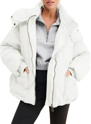 Dellytop Womens Zipper Hooded Puffer Jacket Long Sleeve Winter Warm Down Coats with Pockets