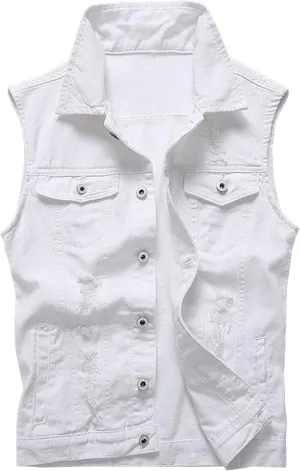 DGHM-JLMY Denim Vest for Men Retro Ripped Casual Jean Vest Top Lapel Sleeveless Korean Slim Fit Jean Jacket